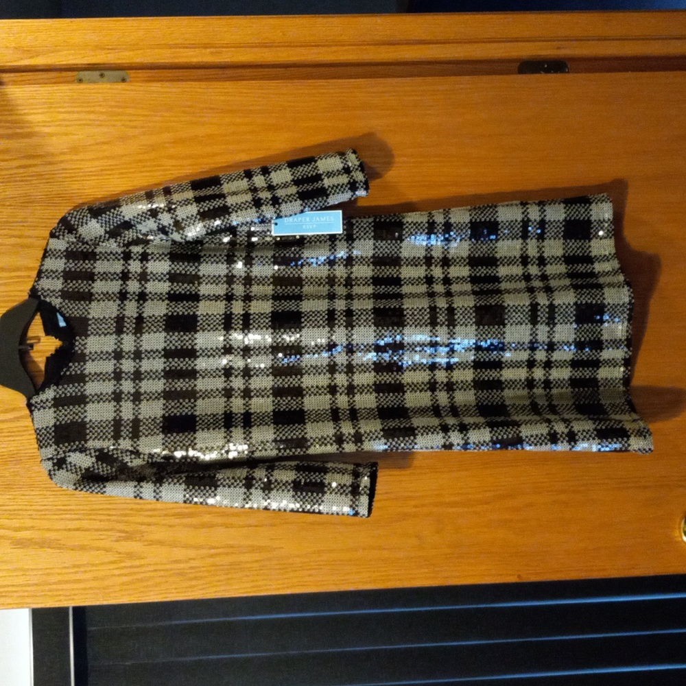 Draper James Black and Light Gray Plaid Sequin Shift Dress